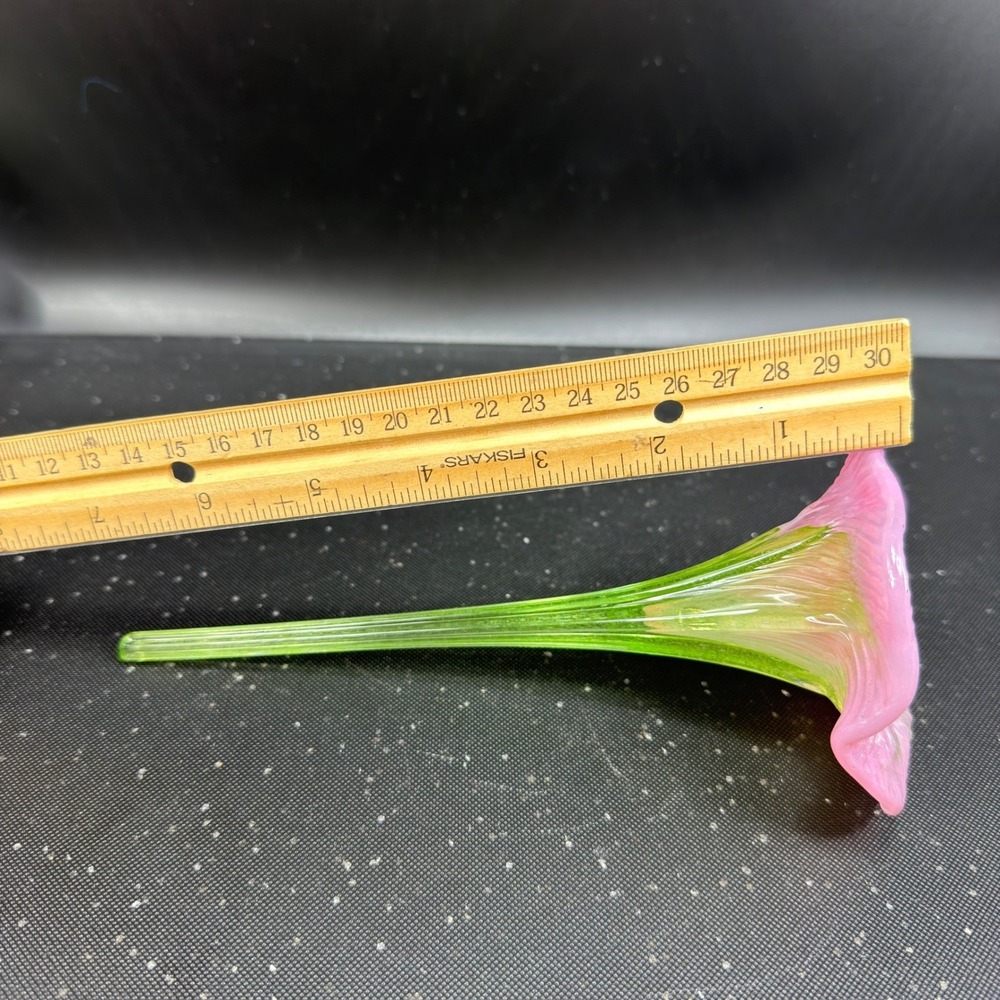 Hand Blown Glass Flower Pink Trumpet Morning Glory Green Stem Art Glass 7 Inch - Picture 2 of 11